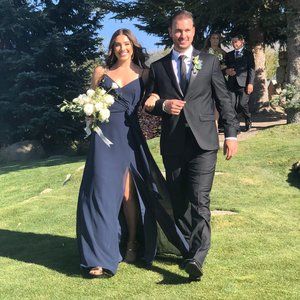 Navy bridesmaid, v neck & leg slit (Jenny Yoo)